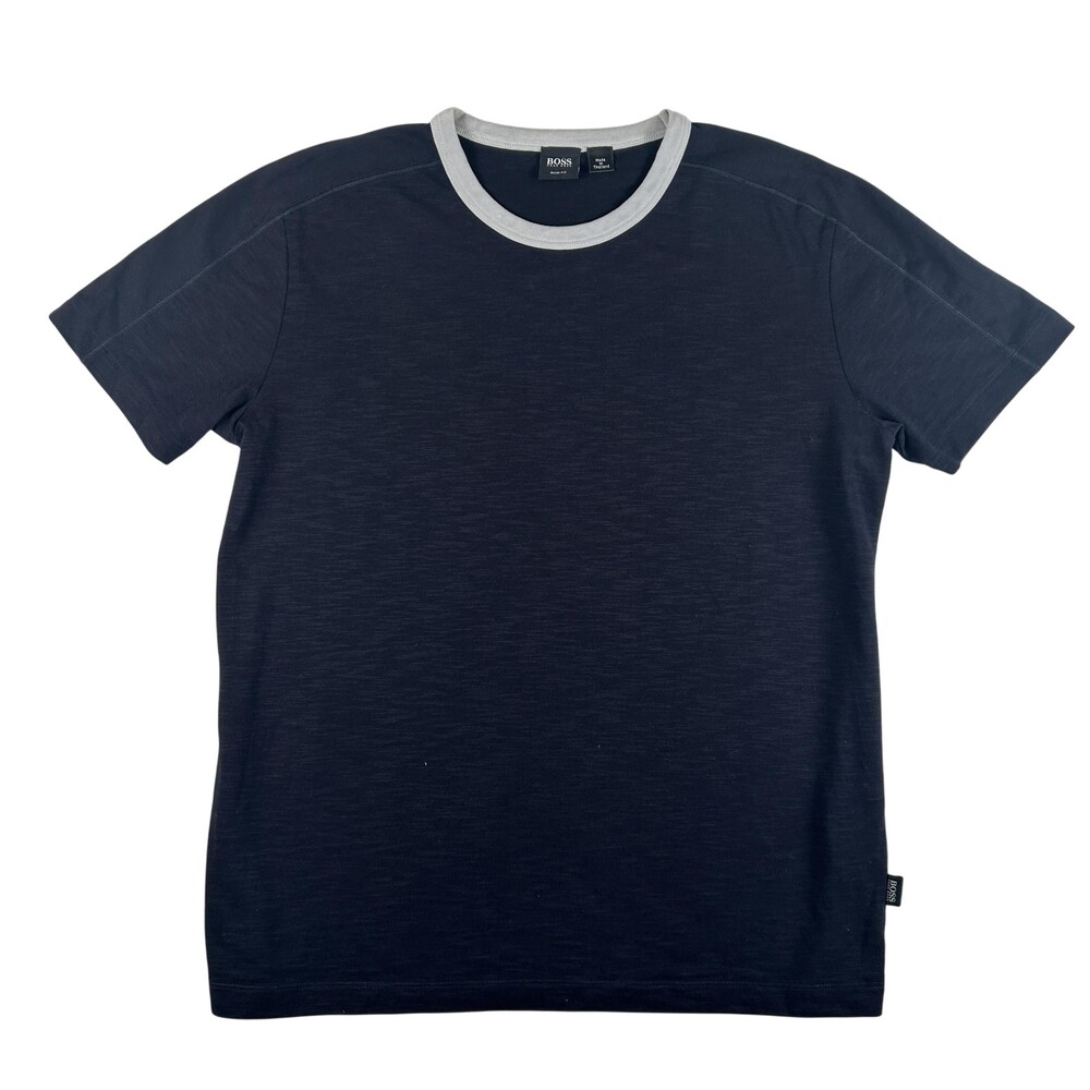 Hugo Boss Shirt Mens Medium Blue Slim Fit Contrast Ringer Crewneck Tee Cotton
